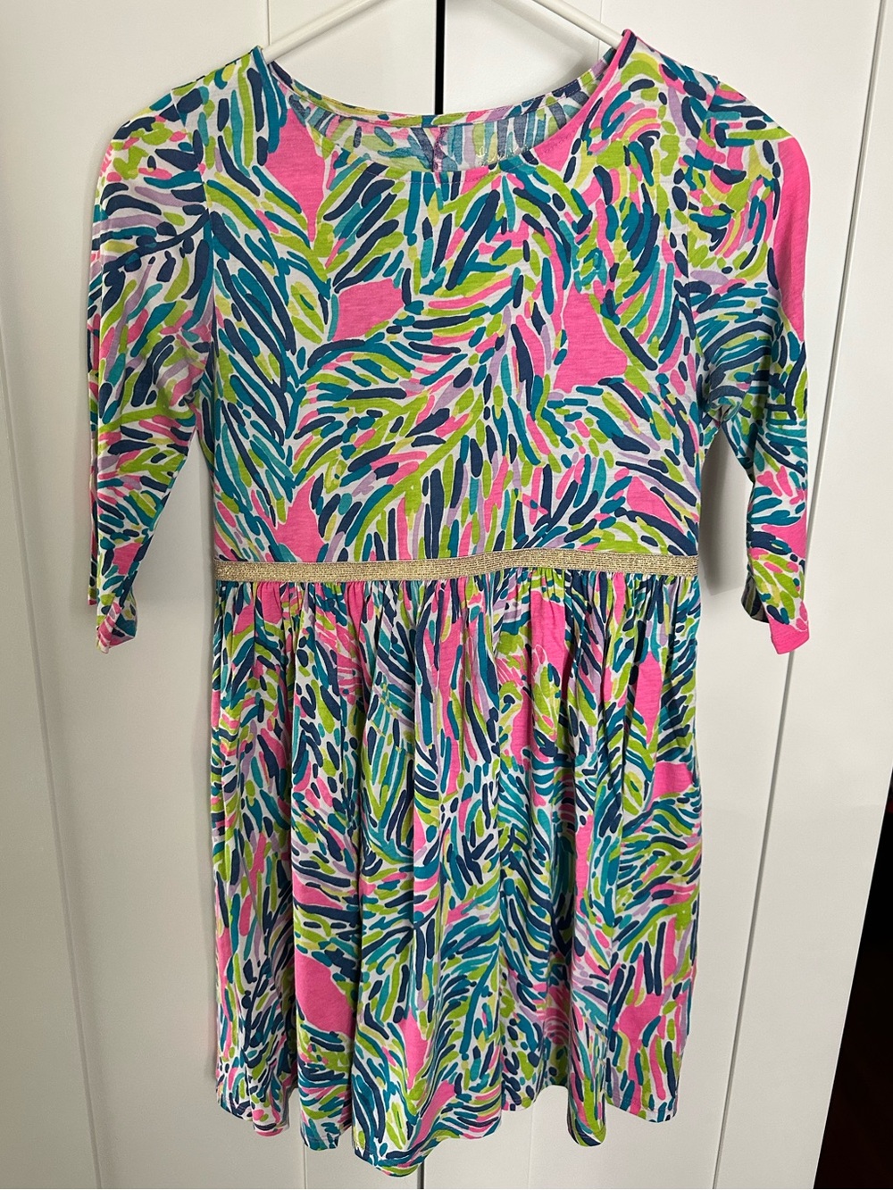 Lilly Pulitzer Girls Pink Printed Gold Waist Accent Dress Size 12-14